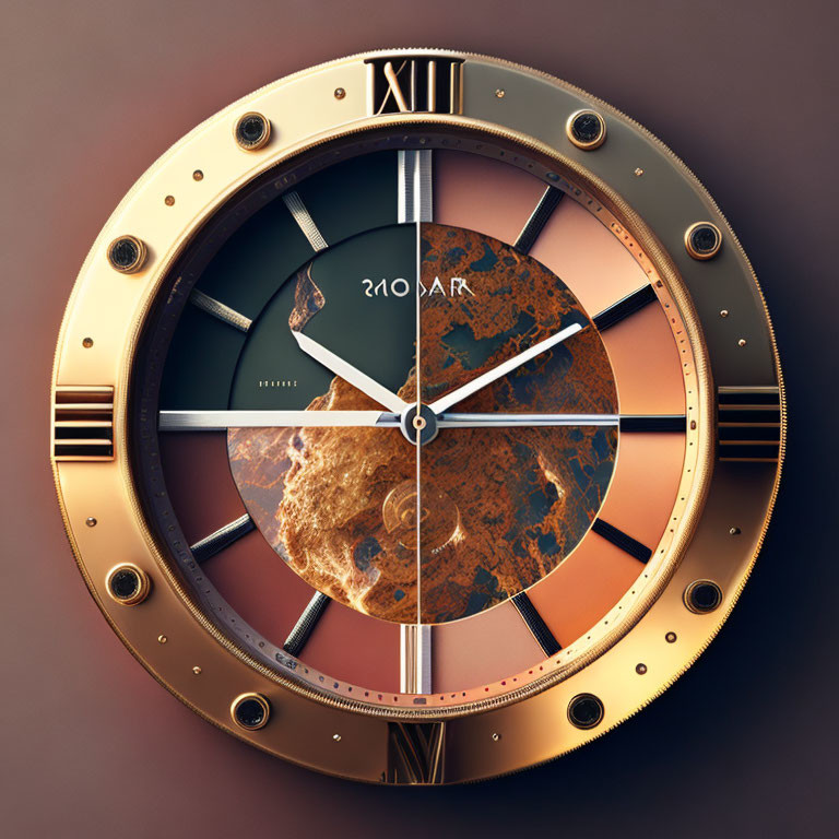 Copper-Toned Round Wristwatch with Marbled Face and Roman Numeral XII