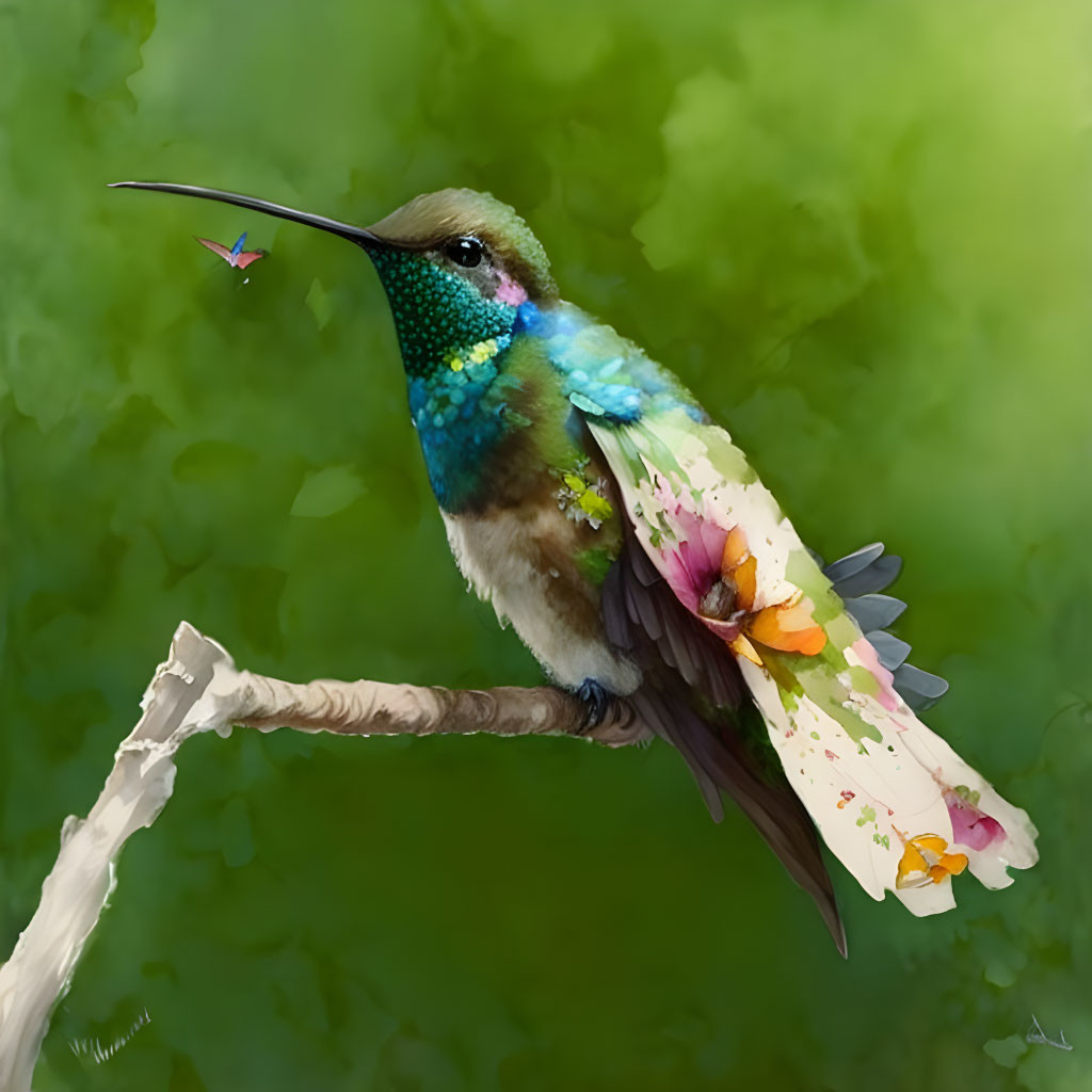 Vibrant hummingbird illustration with extended tongue and insect in nature.