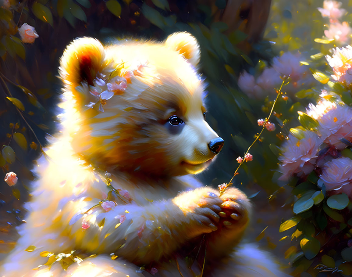 Fluffy bear cub in pink flower forest scene