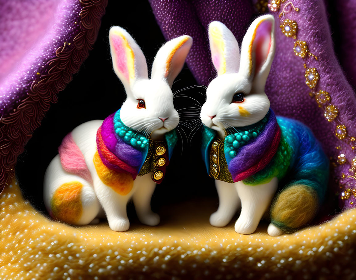 Whimsical rabbits in colorful scarves and ornate coats on purple and gold fabric