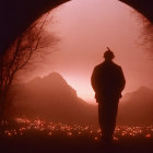 Silhouetted Figure in Cave Entrance Overlooking Mountains at Dusk