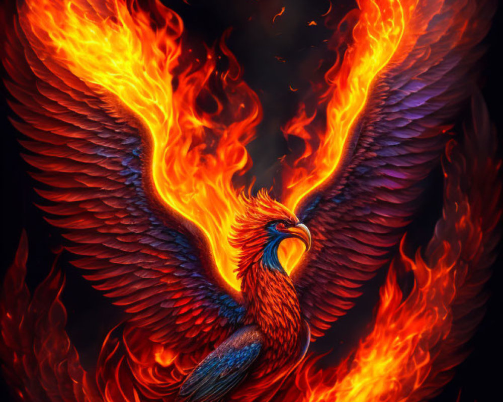 Colorful Phoenix Illustration with Fiery Plumage and Flames on Dark Background