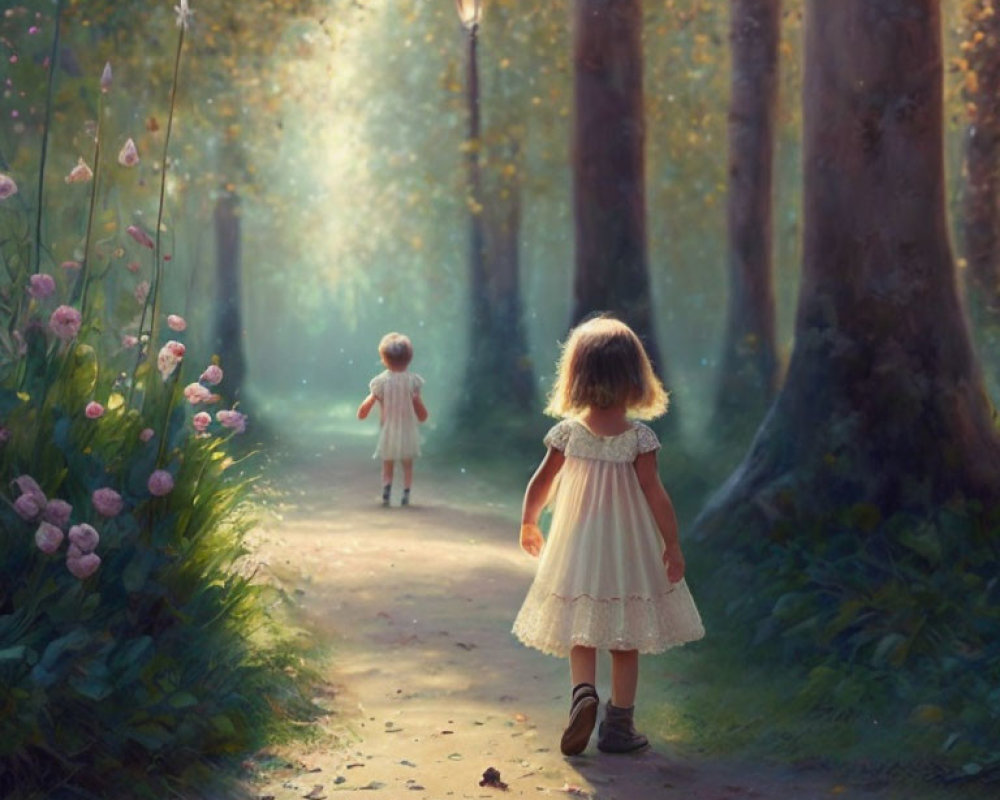 Children walking in sunlit forest with streetlamp and toy duck