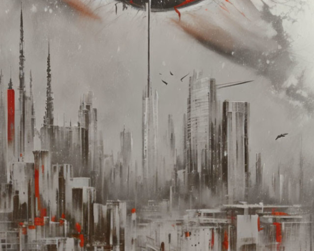 Surreal painting of detailed eye over grayscale cityscape with red splashes, reflecting in water below