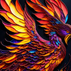 Colorful Phoenix Illustration with Fiery Plumage and Flames on Dark Background