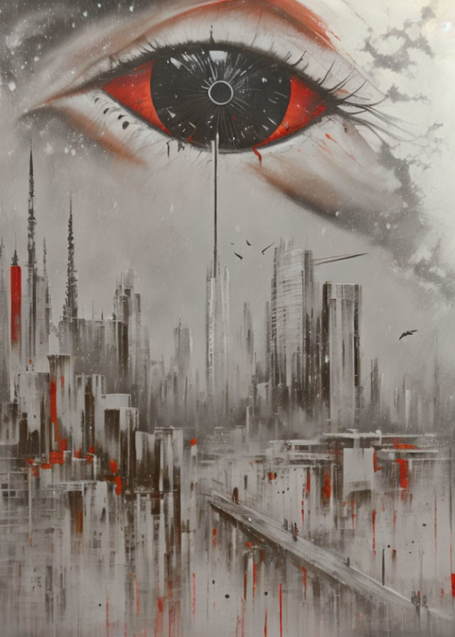 Surreal painting of detailed eye over grayscale cityscape with red splashes, reflecting in water below