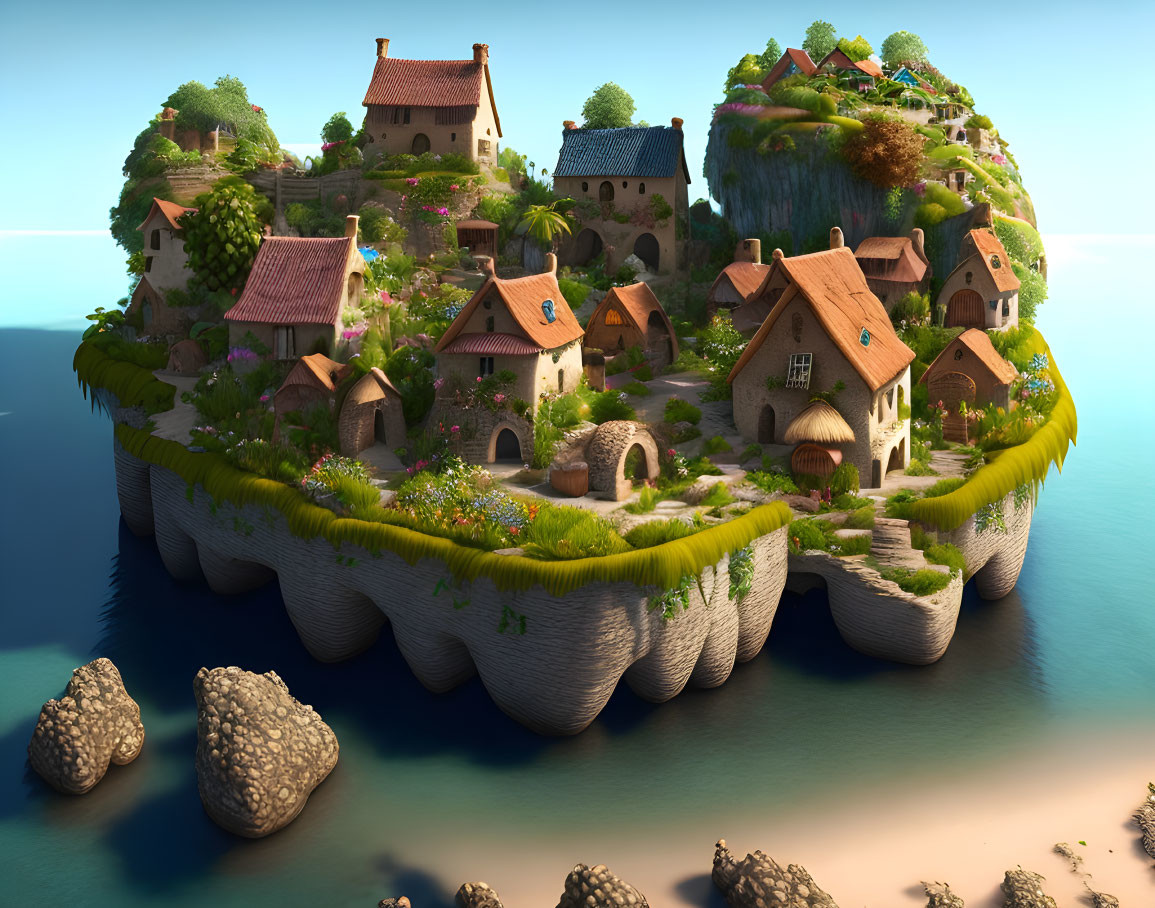 Floating Island with Quaint Houses and Beach View