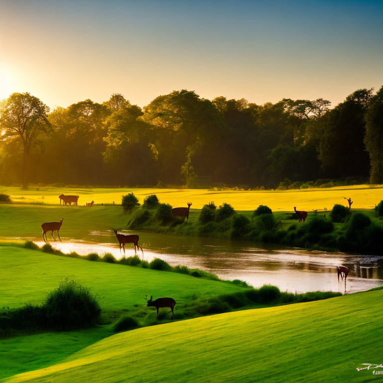 Tranquil sunset landscape with grazing deer by river