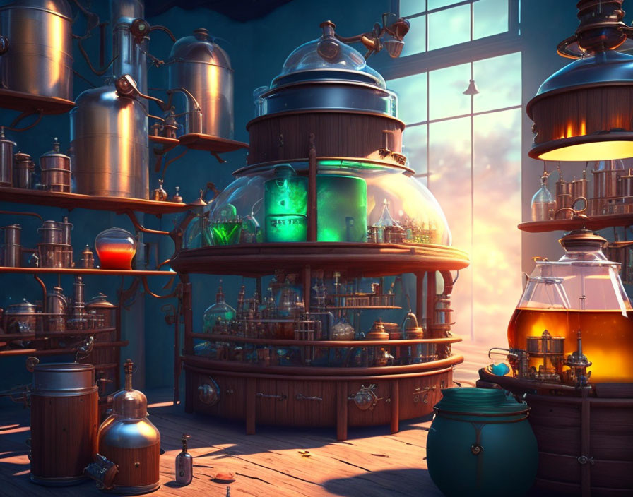 Whimsical Alchemy Lab with Bubbling Potions and Distillation Apparatuses