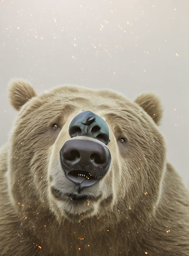 Brown bear's serene expression with sparkling particles on neutral background