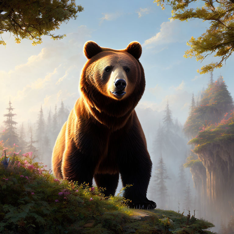 Majestic brown bear in sunny forest clearing