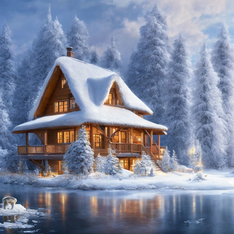 Snow-covered log cabin by frozen lake in serene winter landscape