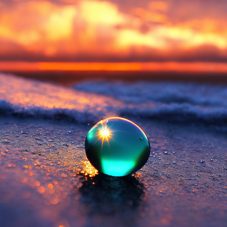 Crystal Ball Reflects Sunrise on Sandy Beach with Warm Colors