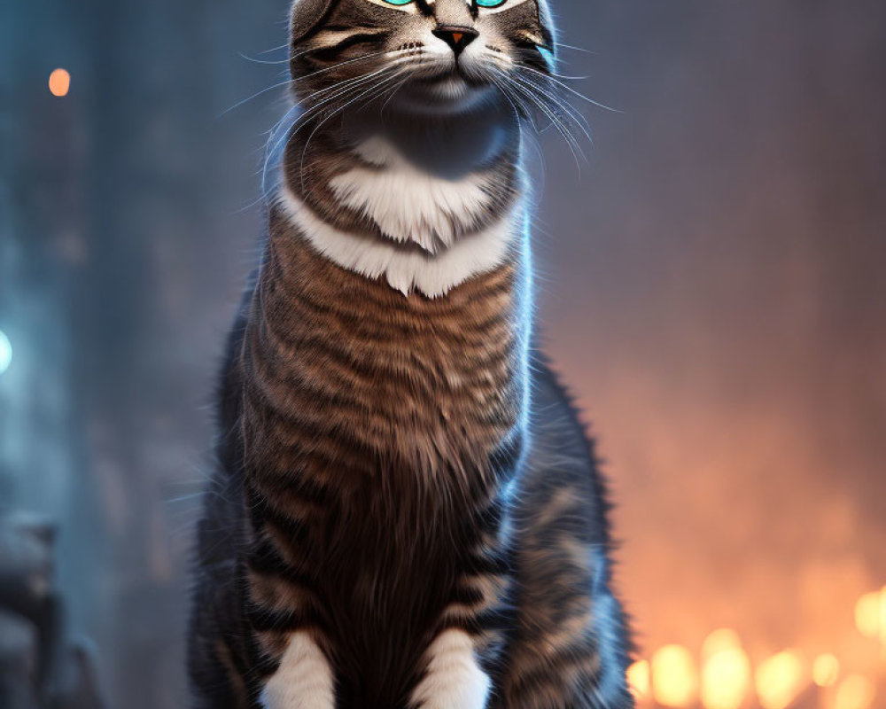 Striped Cat with Blue Eyes in Atmospheric Evening Setting