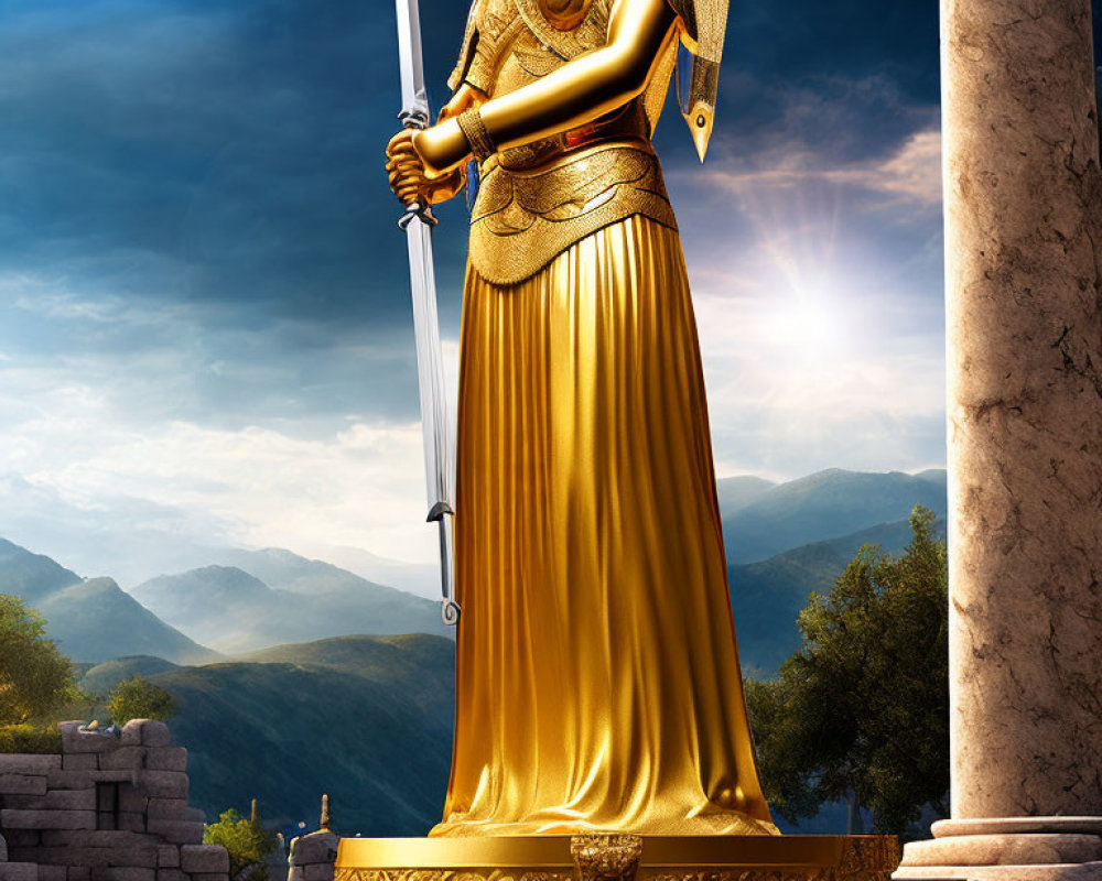 Golden warrior statue with sword and shield against mountain backdrop