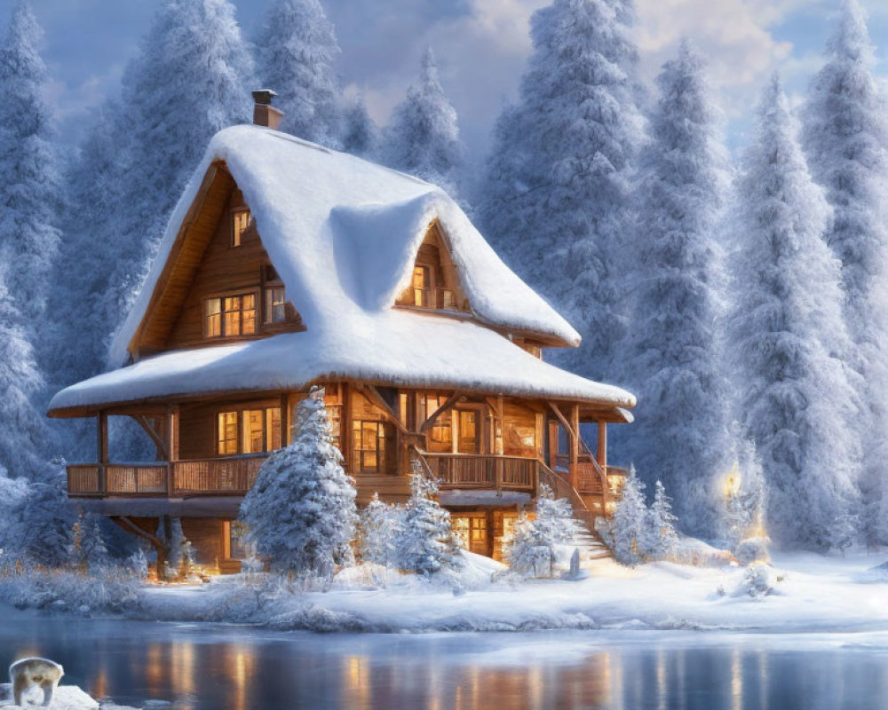 Snow-covered log cabin by frozen lake in serene winter landscape