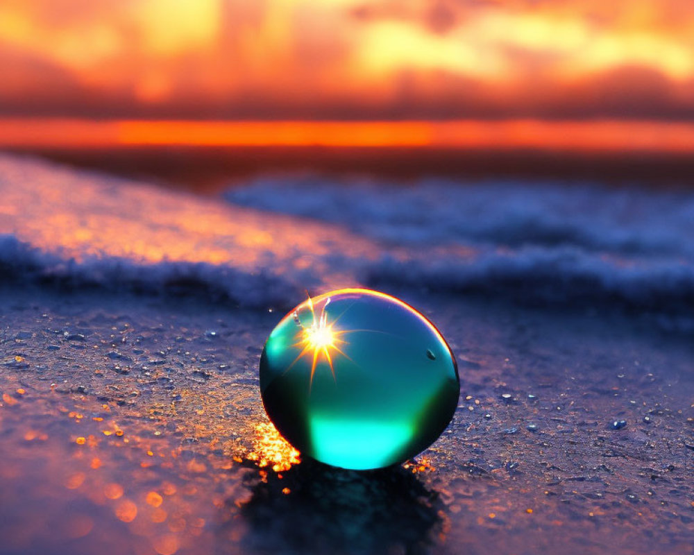 Crystal Ball Reflects Sunrise on Sandy Beach with Warm Colors