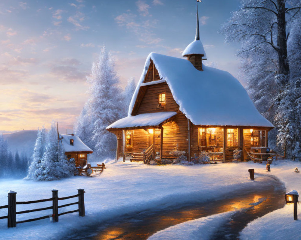 Snow-covered log cabin in winter twilight landscape with frosted trees.