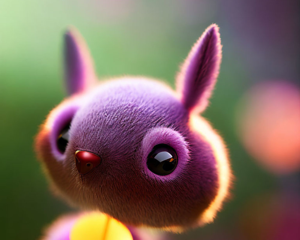 Purple furry animated character with glossy eyes and plush texture on bokeh background.