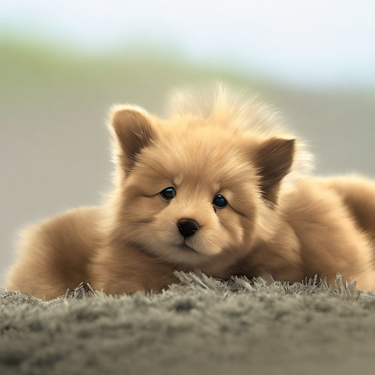 Fluffy Tan Puppy with Blue Eyes on Soft Surface