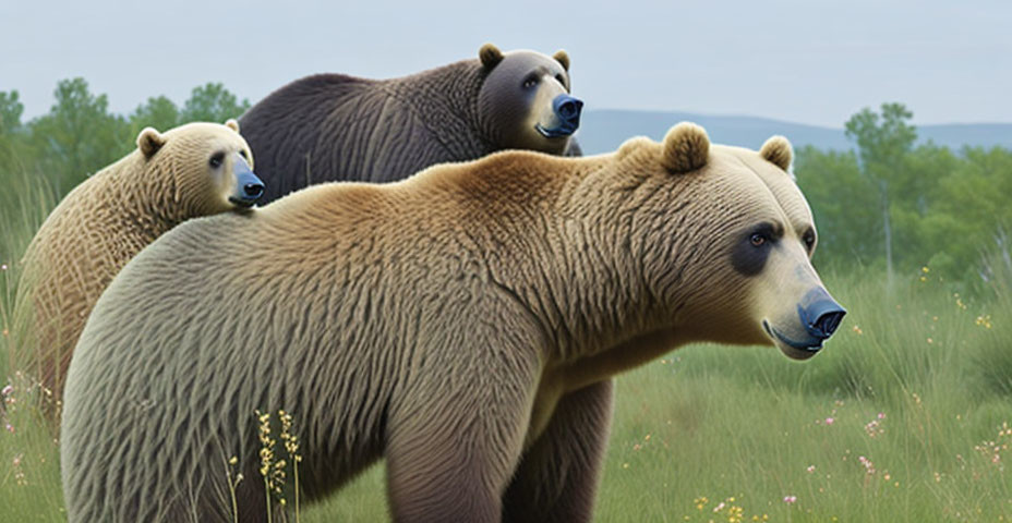 Three Bears in Grassy Field with Focus on Closest Bear