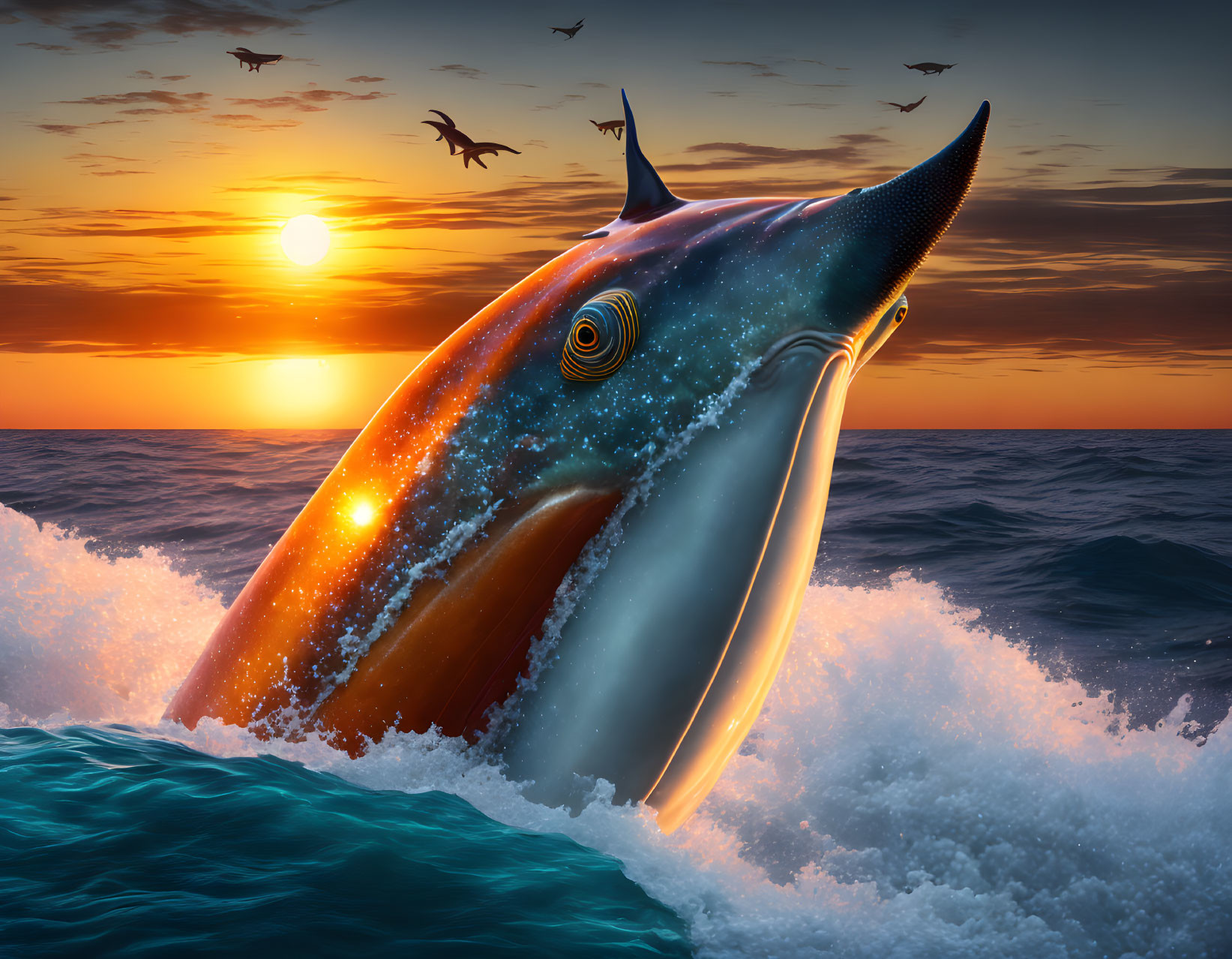 Surreal sunset scene: giant fish-bird emerges from sea