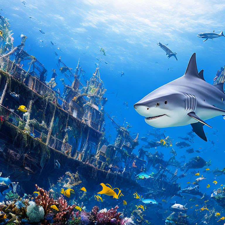 Colorful underwater scene with shark, fish, and sunken shipwreck.