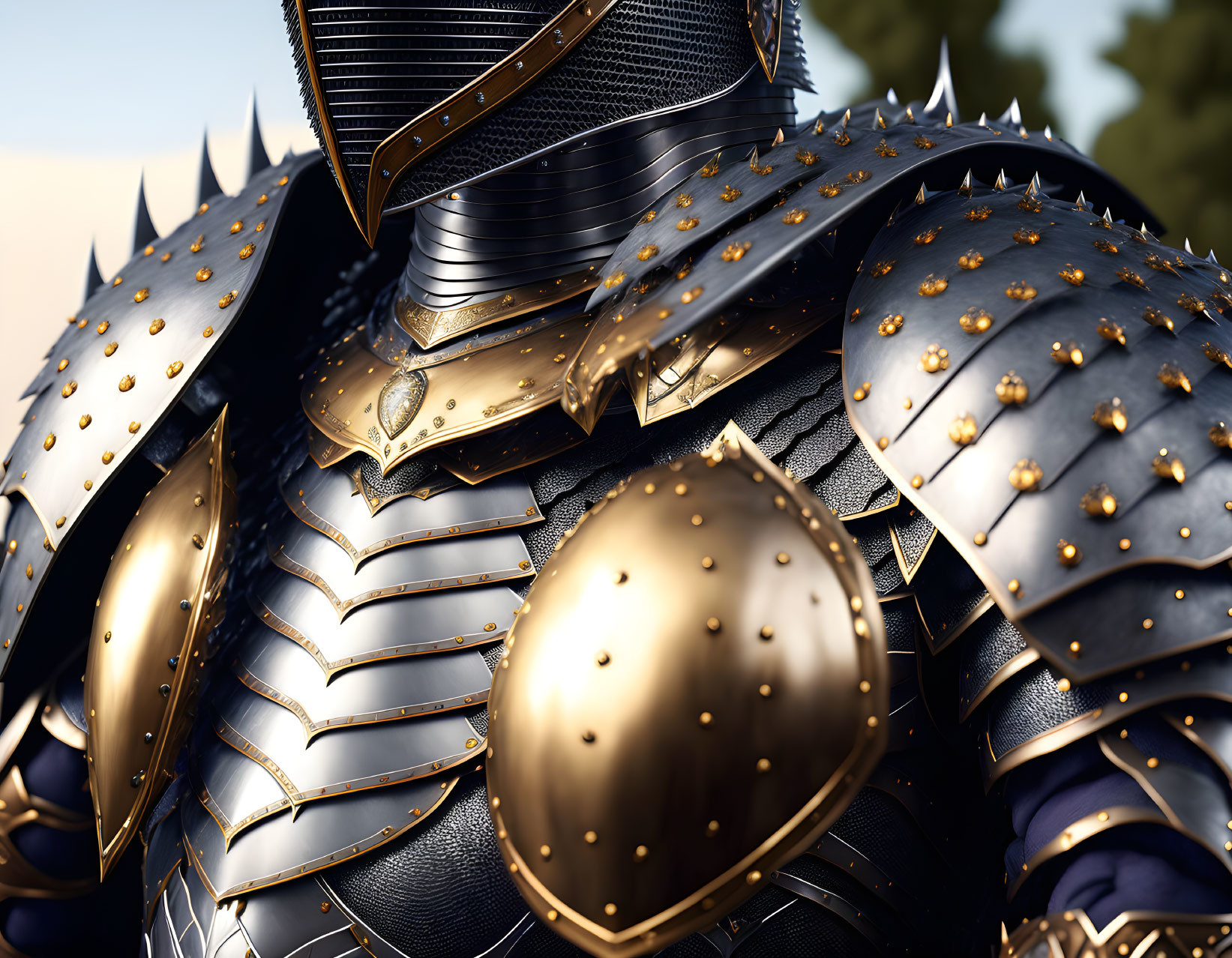 Elaborate Medieval Armor with Spiked Shoulders and Golden Accents
