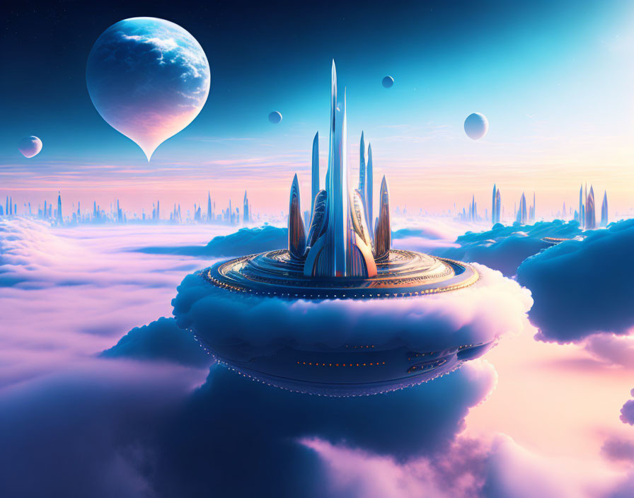 Futuristic city with sleek towers above clouds, multiple moons, and distant planets in twilight sky