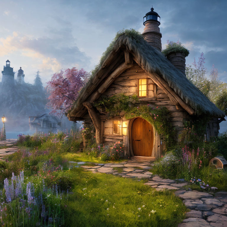 Enchanting Thatched-Roof Cottage in Twilight Landscape