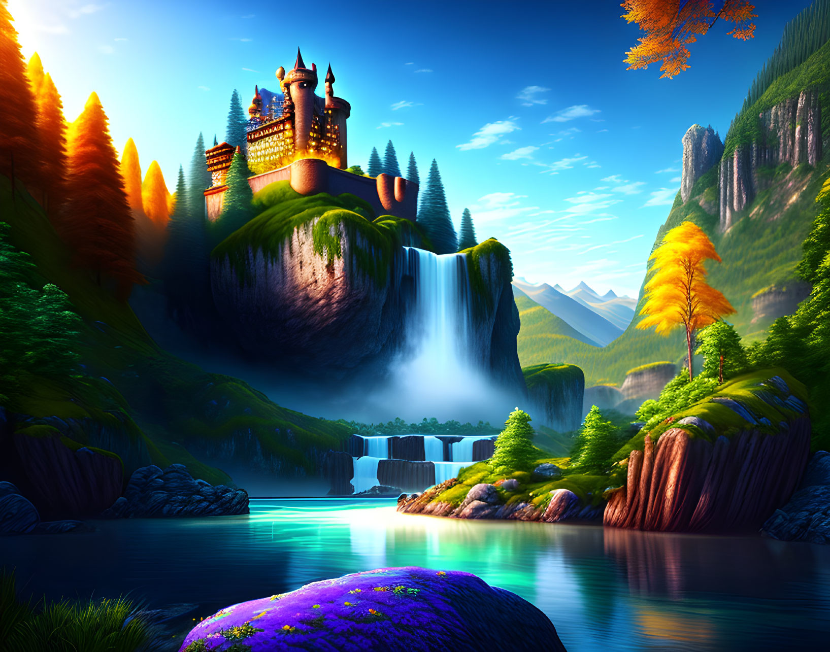 Fantastical landscape with castle on waterfall cliff at sunset