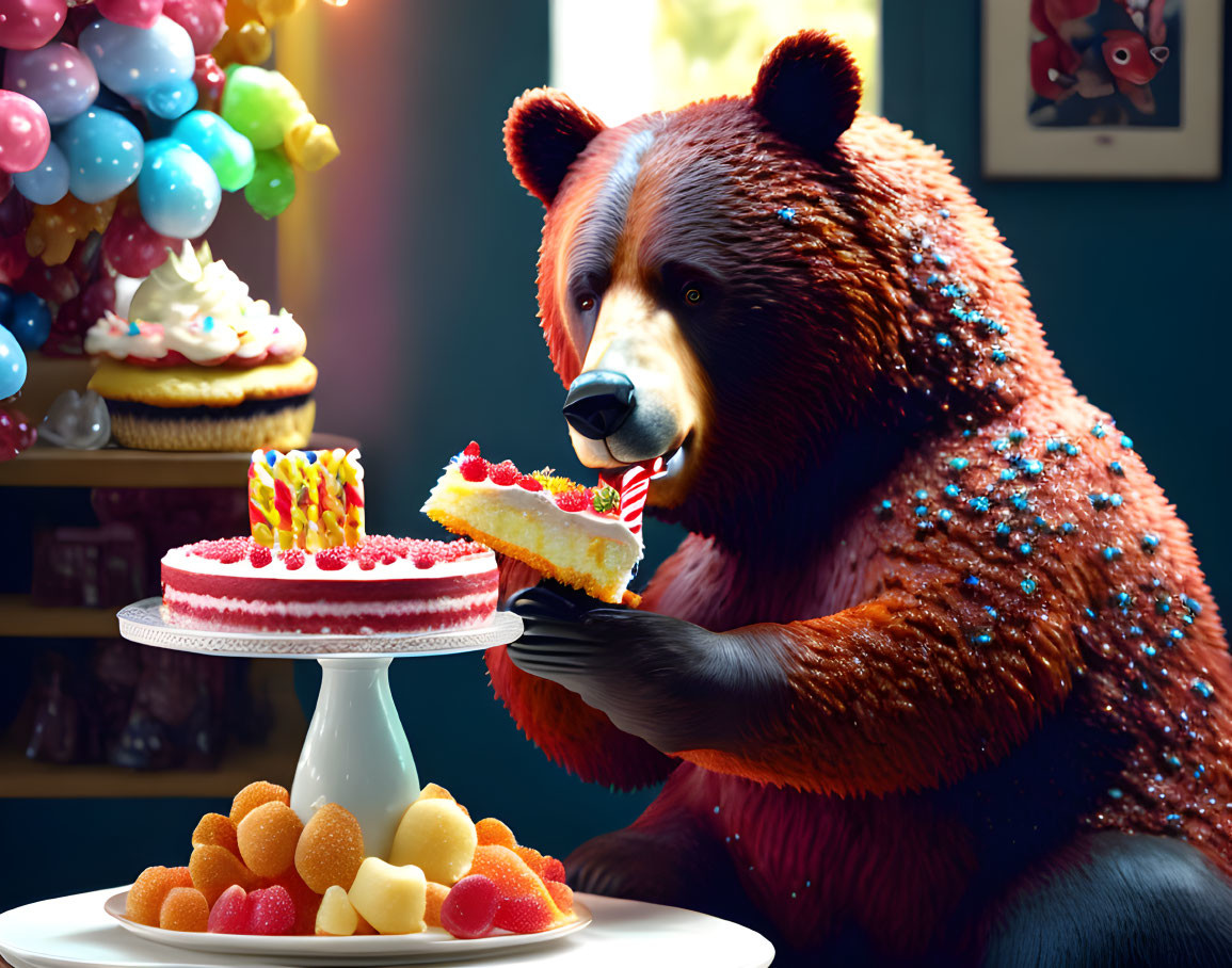 Colorful bear eating cake at festive party with balloons and desserts