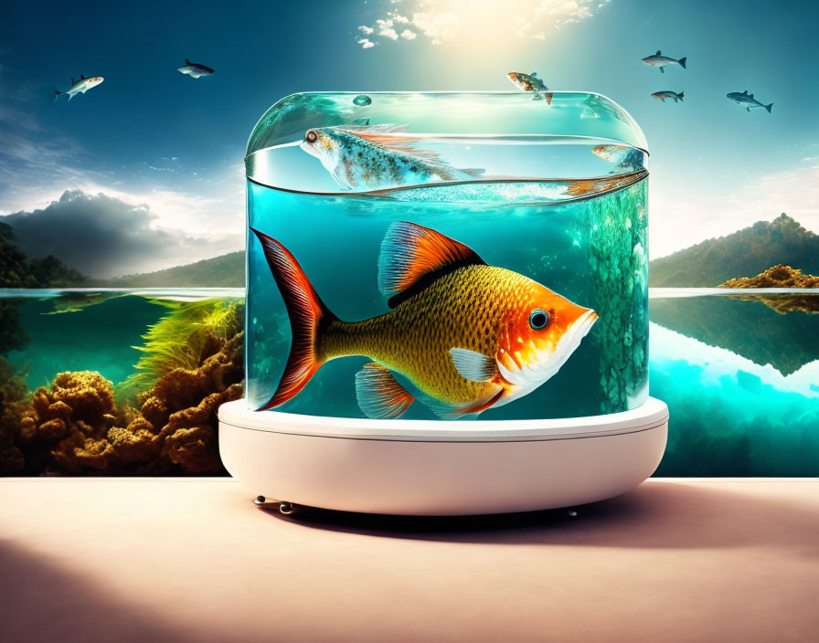 Surreal image: large fish in small fishbowl on table, smaller fish in vast landscape