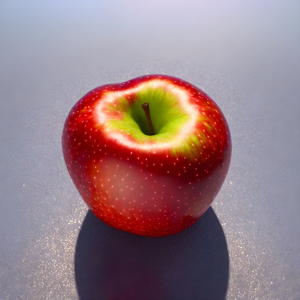 Shiny Red Apple with Dewy Surface on Reflective Background