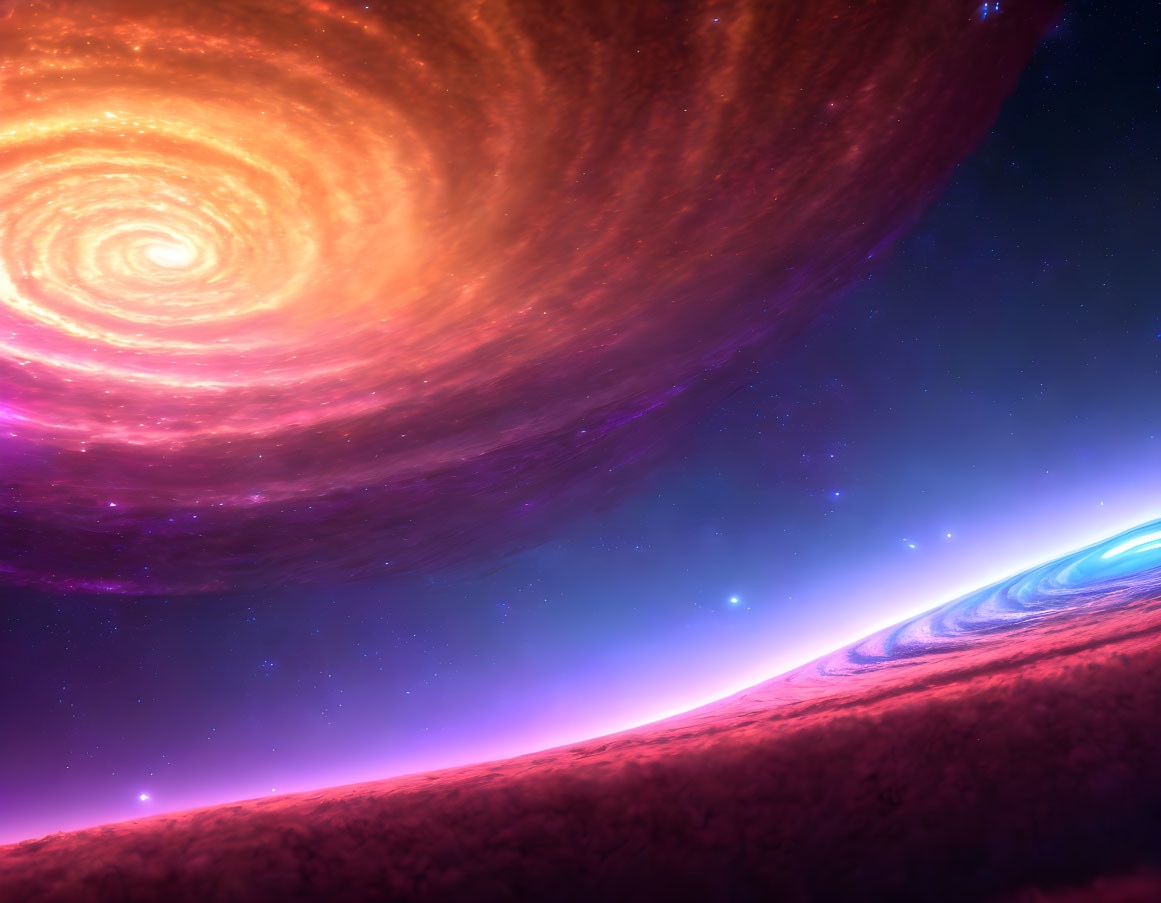 Colorful swirling galaxy and glowing planet in deep space scene