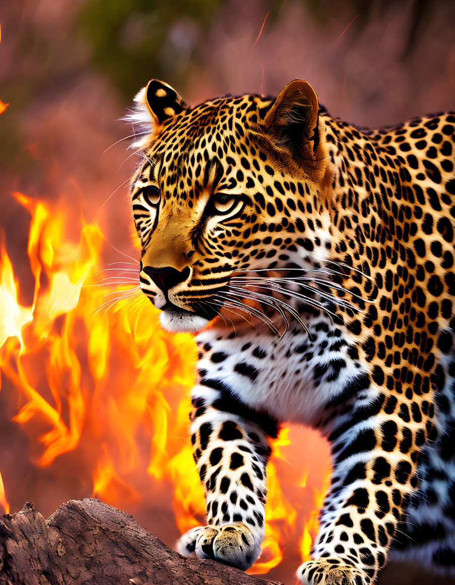 Spotted leopard in front of blazing fire with intense gaze against red backdrop