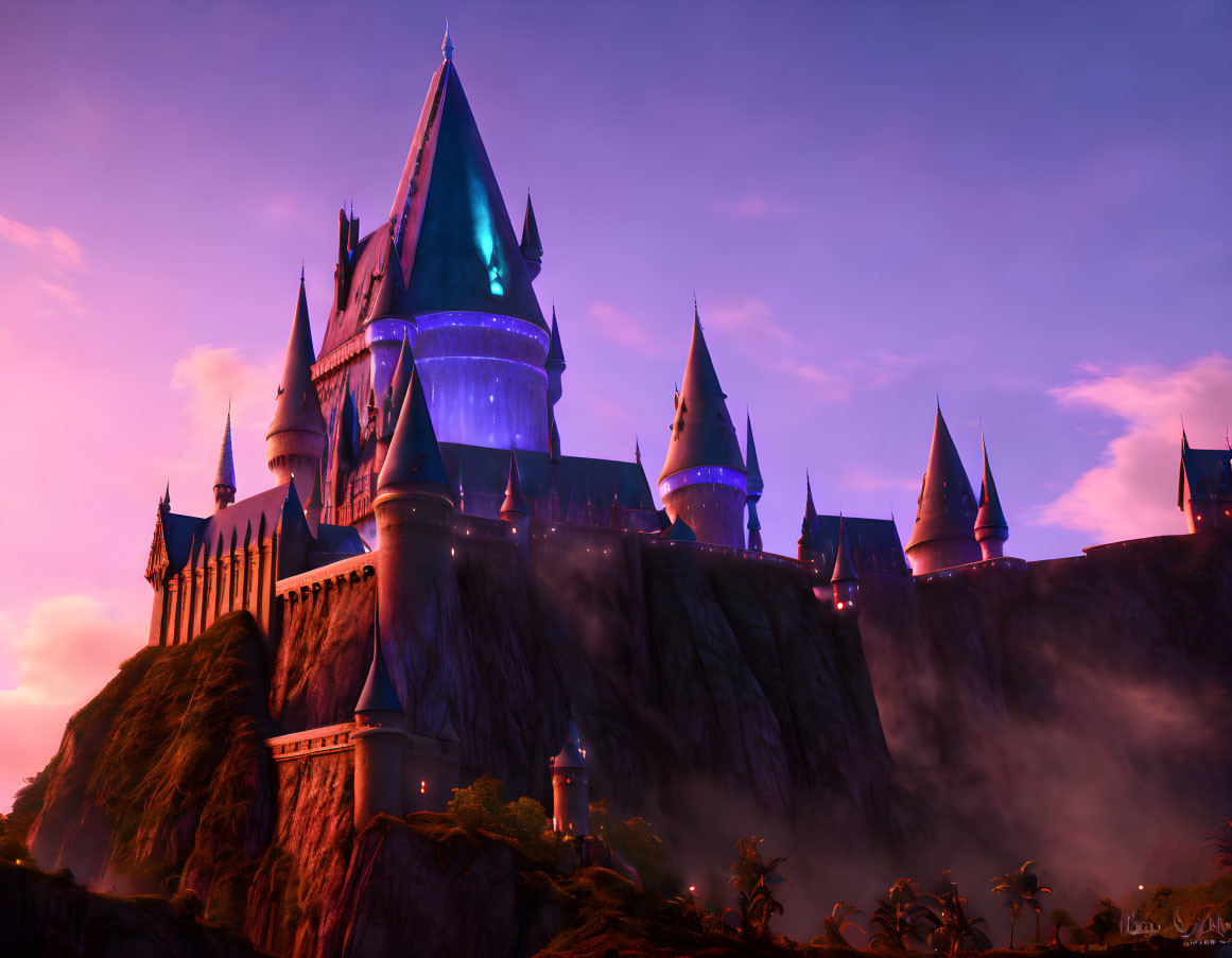 Majestic castle on cliff at purple sunset with glowing spires