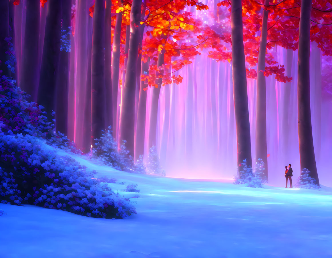 Snowy Autumn Forest with Purple Haze and Silhouette Person