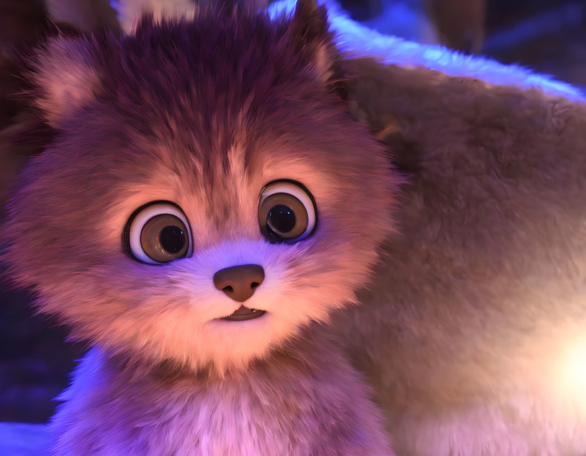 Furry animated creature with big shiny eyes on purple background