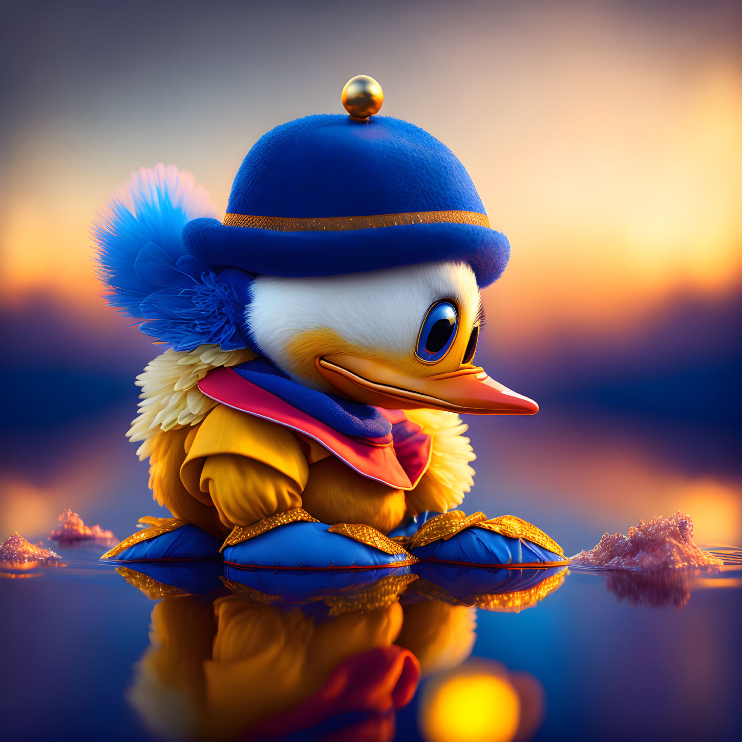 Cartoon duckling in blue hat at sunset by water