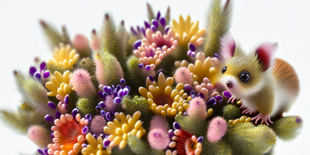 Colorful Coral-Like Plants with Whimsical Fluffy Rodent