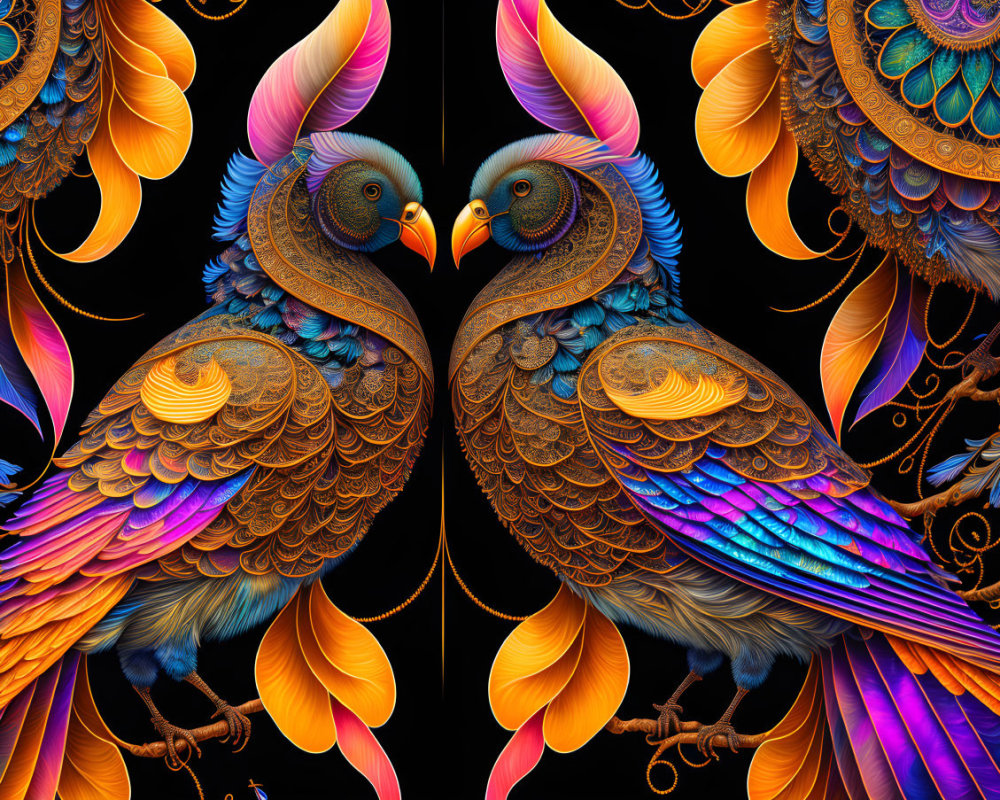 Colorful digital artwork featuring stylized birds with intricate feathers on a dark background.