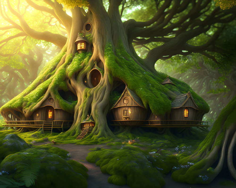 Whimsical tree illustration with cozy house in lush greenery