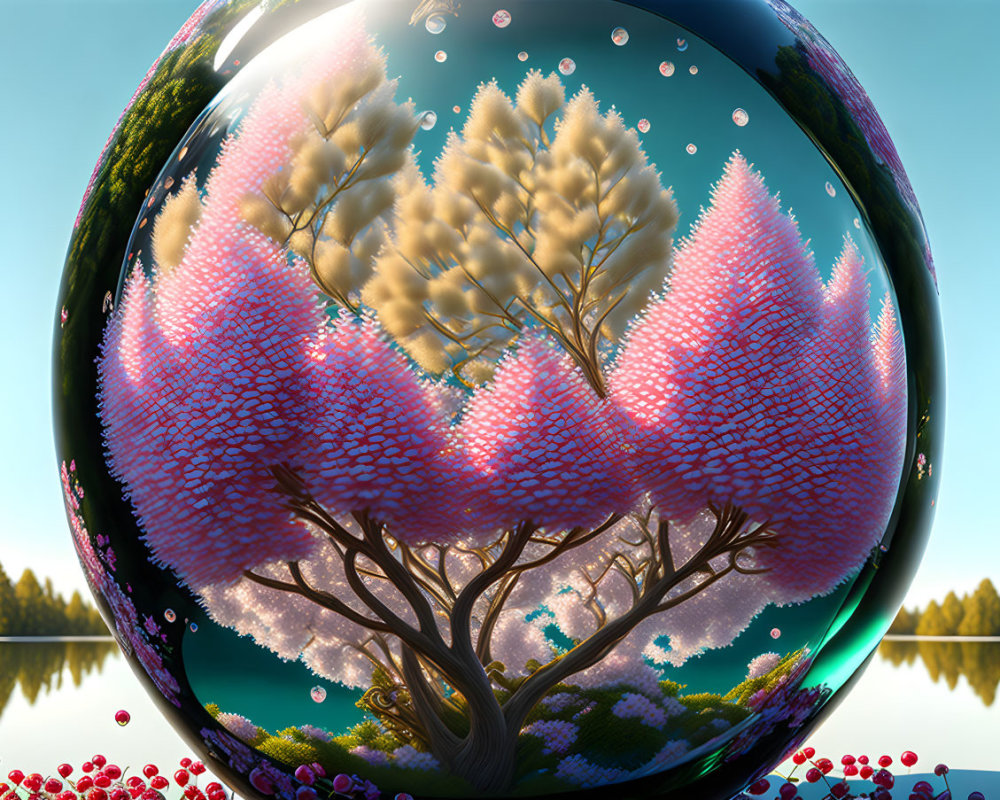 Colorful reflective sphere with whimsical pink tree by serene lake