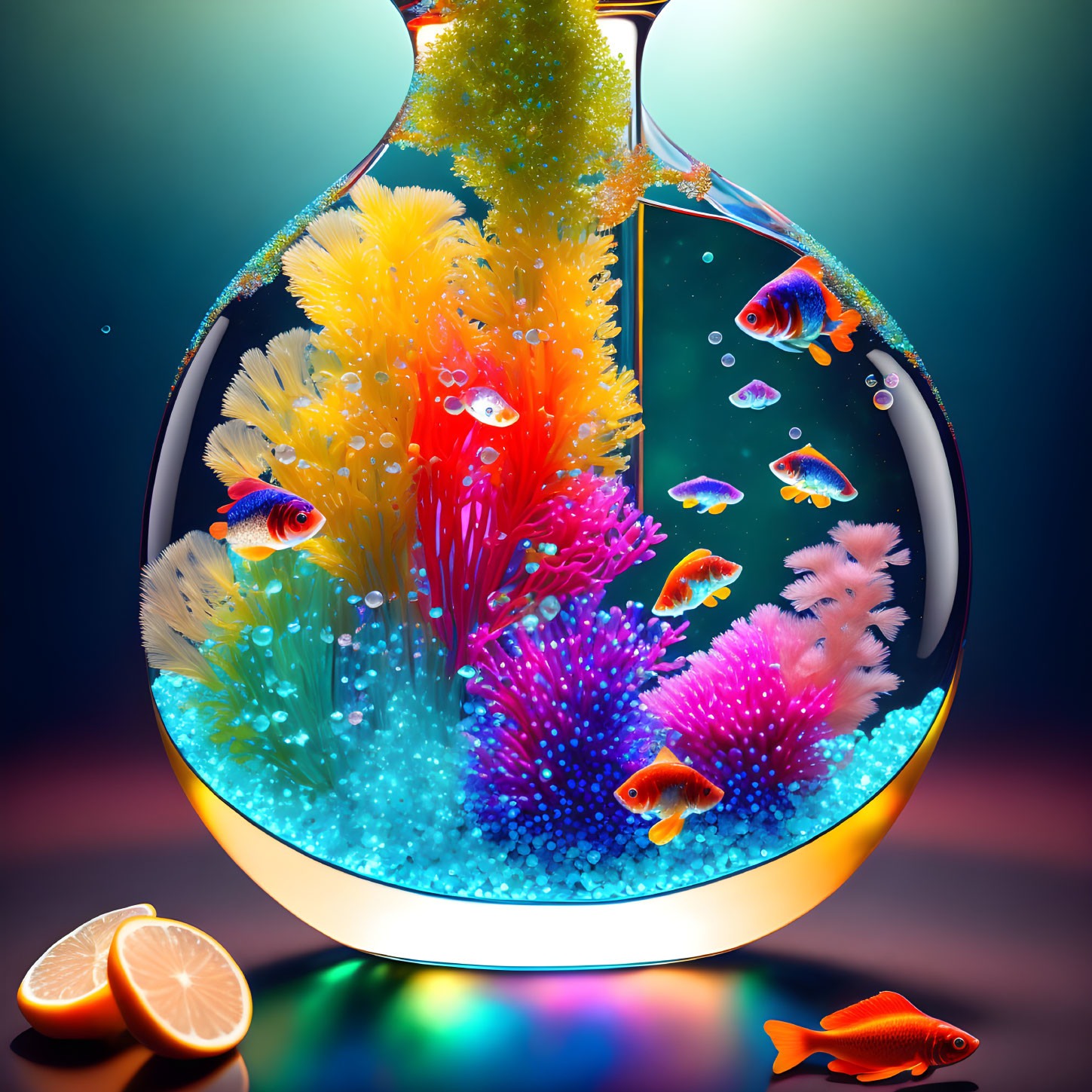 Colorful Fishbowl with Exotic Fish, Neon Coral, and Sliced Orange
