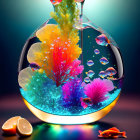 Colorful Fishbowl with Exotic Fish, Neon Coral, and Sliced Orange