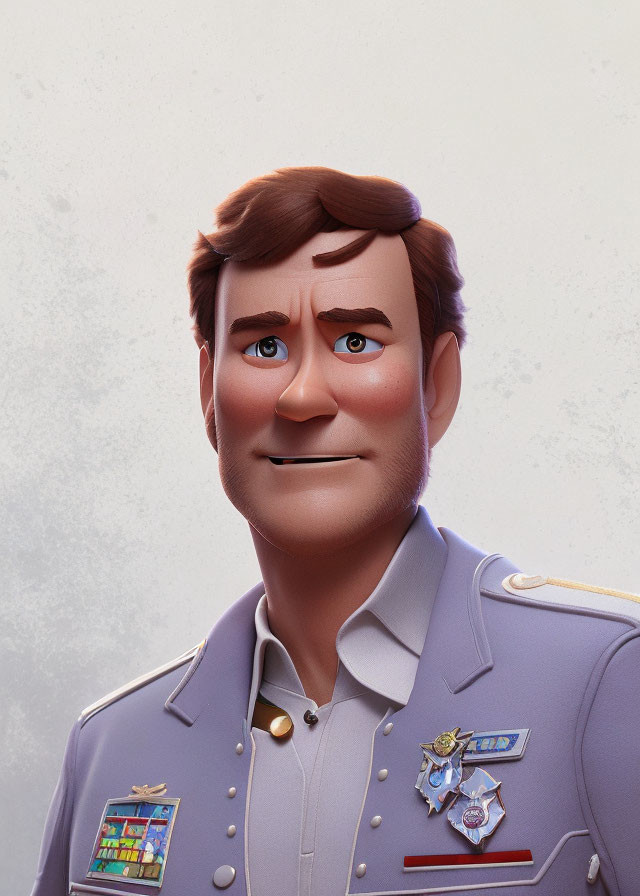 Male animated character in police uniform with medals and badge smiling softly.