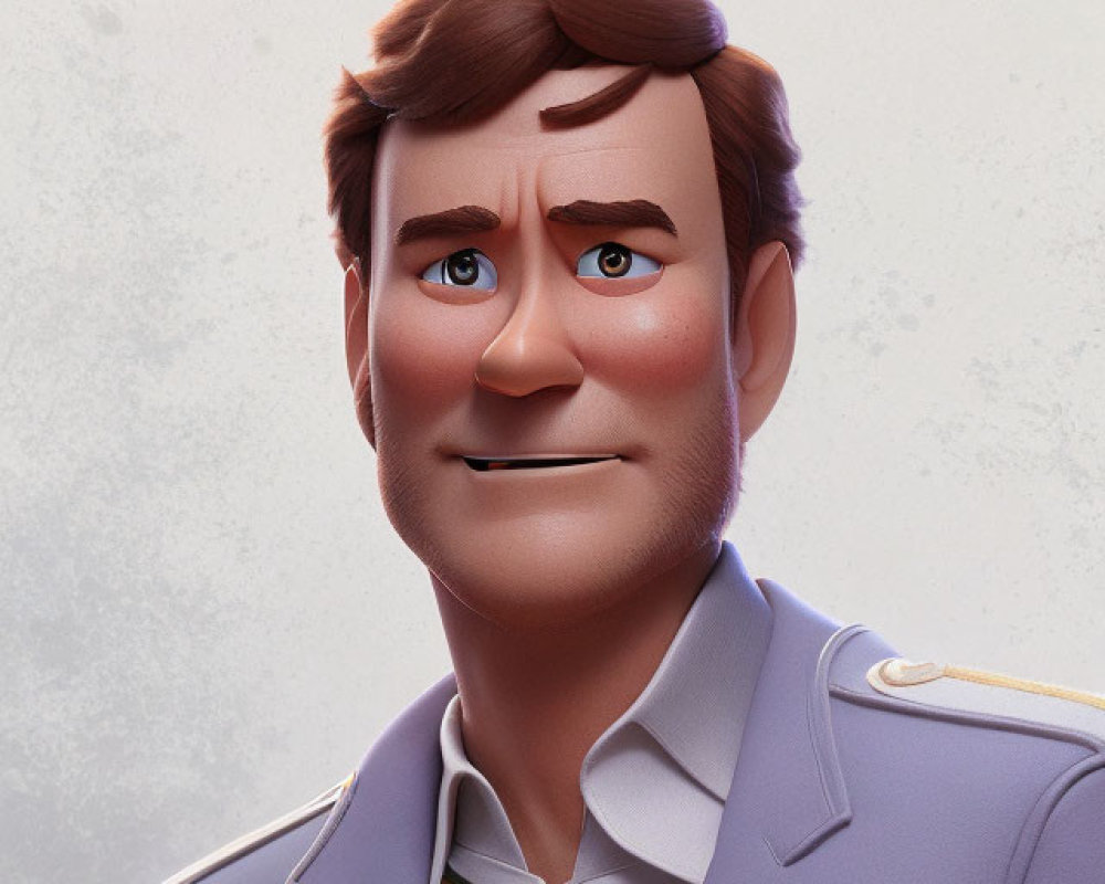 Male animated character in police uniform with medals and badge smiling softly.