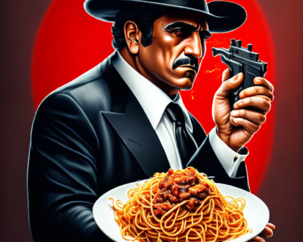 Man in suit with fedora holding gun and spaghetti plate on red backdrop