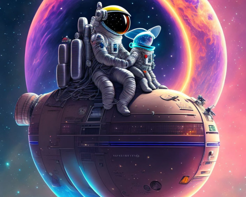 Astronaut and Dog in Spacesuit on Spherical Spaceship with Cosmic Background